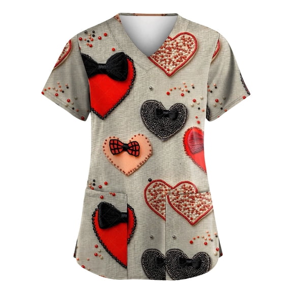 Garbnen Valentine Scrub Tops Plus Size Heart Graphic Short Sleeve Nursing Uniform with Pocket Stretch V Neck Womens Work Tops S-5XL