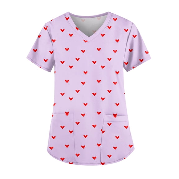 Garbnen Valentine Scrub Tops Plus Size Love Heart Graphic Short Sleeve Nursing Scrubs for Women with Pocket Stretch V Neck Womens Work Clothes S-5XL
