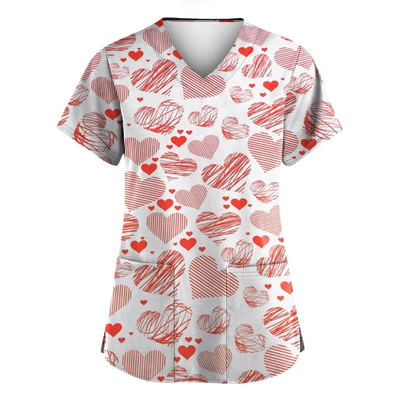 Garbnen Valentine Scrub Tops Women Cute Heart Print Nursing Scrubs Short Sleeve V Neck Womens Business Casual Tops S-5XL with Pocket