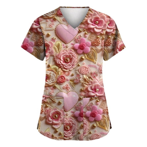 Garbnen Valentine Scrub Tops Women Heart Graphic V Neck Short Sleeve Nursing Uniform Spring Winter Womens Tops Work S-5XL with Pocket