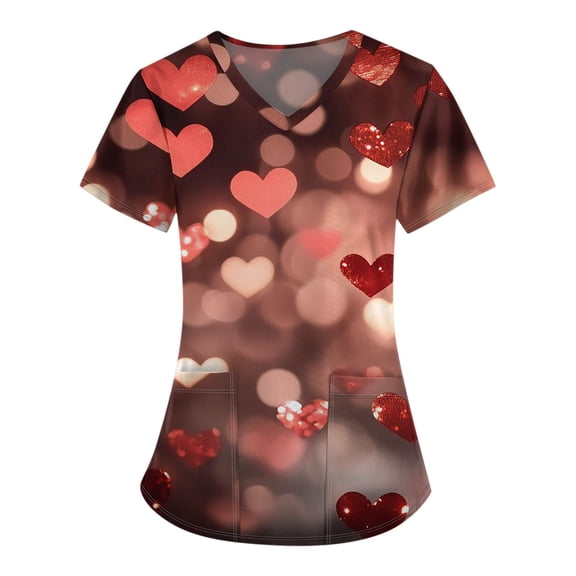 Garbnen Valentine Scrub Tops Women Plus Size Love Heart Graphic Short Sleeve V Neck Women's Workwear with Pocket Stretch Scrubs Women S-5XL