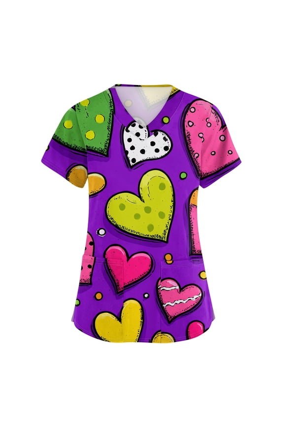 Valentine Scrub Tops Women Plus Size V Neck Cute Heart Print Short Sleeve Stretch Nursing Uniform with Pocket Women Work Shirts S-5XL