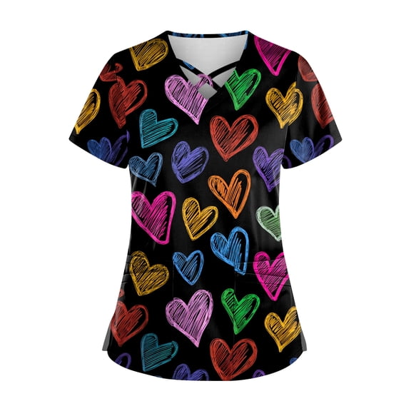 Garbnen Valentine Scrub Tops Women Plus Size V Neck Heart Printed Short Sleeve Stretch Nursing Scrubs for Women with Pocket Work Shirts Women S-5XL
