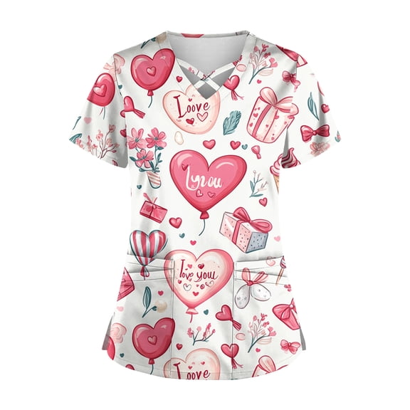 Garbnen Valentine Scrubs Tops for Women Plus Size V Neck Heart Print Short Sleeve Stretch Uniforms Scrubs for Women with Pocket Work Shirts Women S-5XL