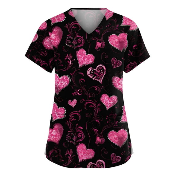 Garbnen Valentine Scrubs Tops for Women V Neck Short Sleeve Womens Tops Work Spring Summer Love Heart Print Nursing Scrubs for Women with Pockets S-5XL