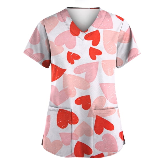 Garbnen Valentine Scrubs Tops for Women Heart Printed Nursing Scrubs for Women V Neck Short Sleeve Work Shirt Women S-5XL with Pocket