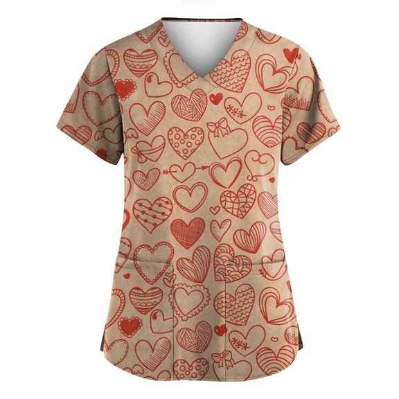 Garbnen Valentine Scrubs for Women Cute Heart Print Nursing Scrubs Short Sleeve V Neck Womens Work Shirts S-5XL with Pocket