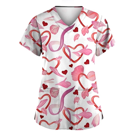 Garbnen Valentine Scrubs for Women Love Heart Pattern Scrubs for Women Short Sleeve V Neck Work Shirts for Women Business Casual S-5XL with Pocket