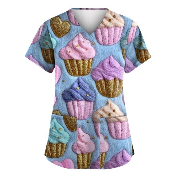 Garbnen Valentine Scrubs for Women Plus Size Love Heart Print Short Sleeve Scrubs Women with Pocket Stretch V Neck Work Shirts Women S-5XL