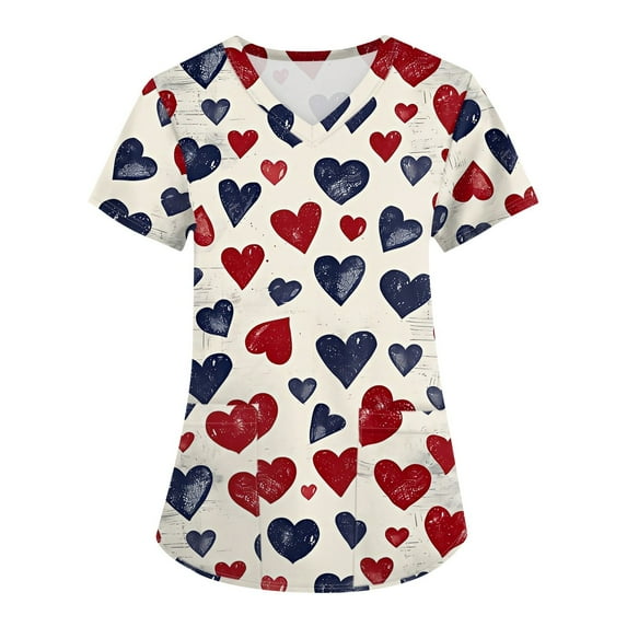 Garbnen Valentine Scrubs for Women Plus Size Love Heart Print Short Sleeve V Neck Womens Work Clothes with Pocket Stretch Scrubs for Women S-5XL
