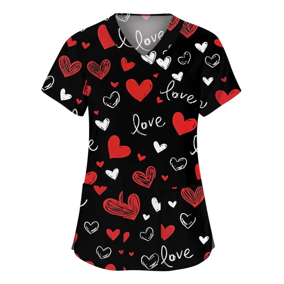 Garbnen Valentine Scrubs for Women Womens Tops Workwear Short Sleeve V Neck Heart Printed Nursing Scrubs with Pockets