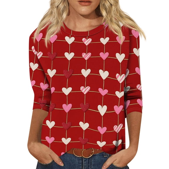 Garbnen Valentine Shirts for Women 3/4 Length Sleeve Womens Tops Heart Graphic Crew Neck Dressy Women Tunic Tops