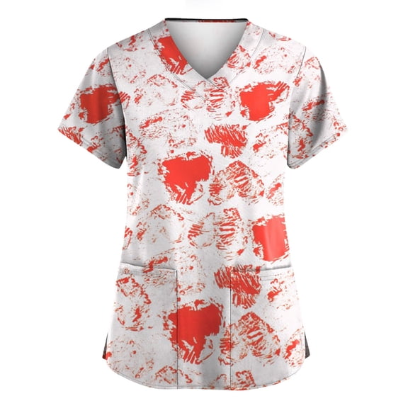 Garbnen Valentine's Day Scrub Tops Heart Print Scrubs for Women Short Sleeve V Neck Women Work Tops S-5XL with Pocket