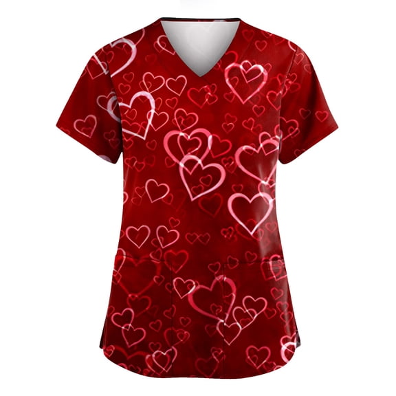 Garbnen Valentine's Day Scrub Tops Love Heart Graphic Scrubs Women Short Sleeve V Neck Womens Work Tops S-5XL with Pocket