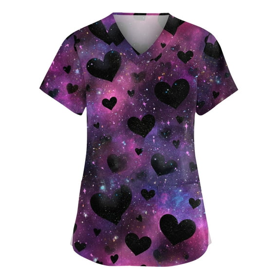 Garbnen Valentine's Day Scrub Tops V Neck Short Sleeve Workwear Women Spring Summer Heart Printed Nursing Uniforms with Pockets S-5XL