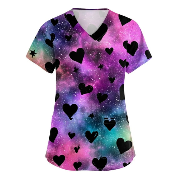 Garbnen Valentine's Day Scrub Tops Workwear Tops for Women Short Sleeve V Neck Heart Print Nursing Uniforms for Women with Pockets