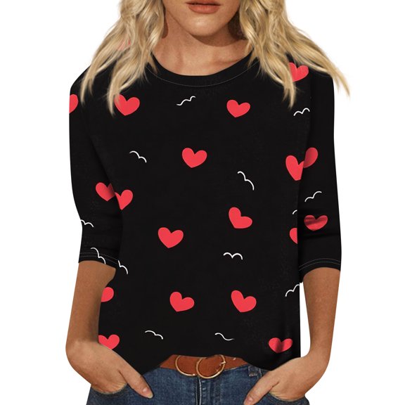 Garbnen Valentine's Day Shirts for Women 3/4 Length Sleeve Womens Tops Heart Print Crew Neck Dressy Women Tunic Tops