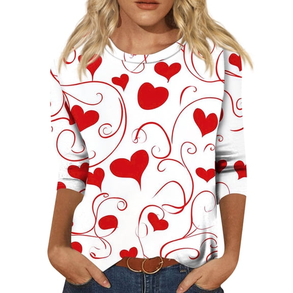Garbnen Valentine's Day Tops for Women 3/4 Sleeve Tops for Women Heart Graphic Crew Neck Dressy Tunic Tops for Women