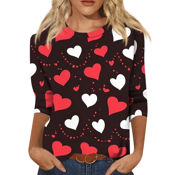 Garbnen Valentine's Day Tops for Women 3/4 Sleeve Tops for Women Heart Graphic Crew Neck Dressy Women's Tunic Tops