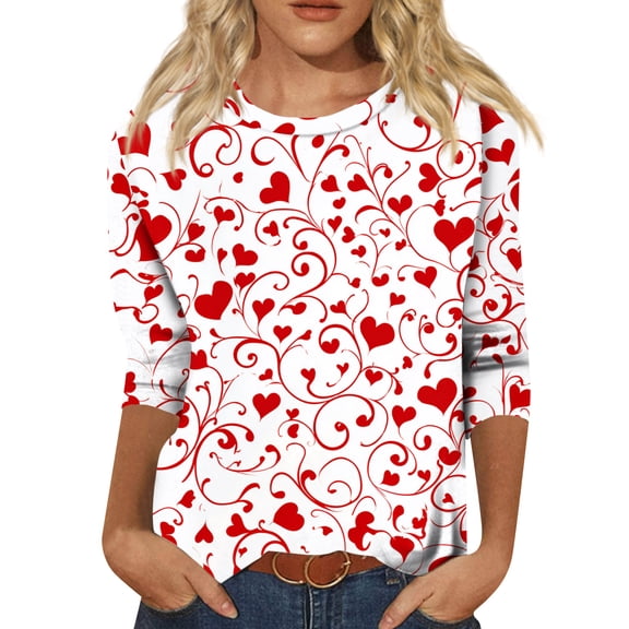 Garbnen Valentine's Day Tops for Women 3/4 Sleeve Tops for Women Heart Print Crew Neck Dressy Pullover for Women