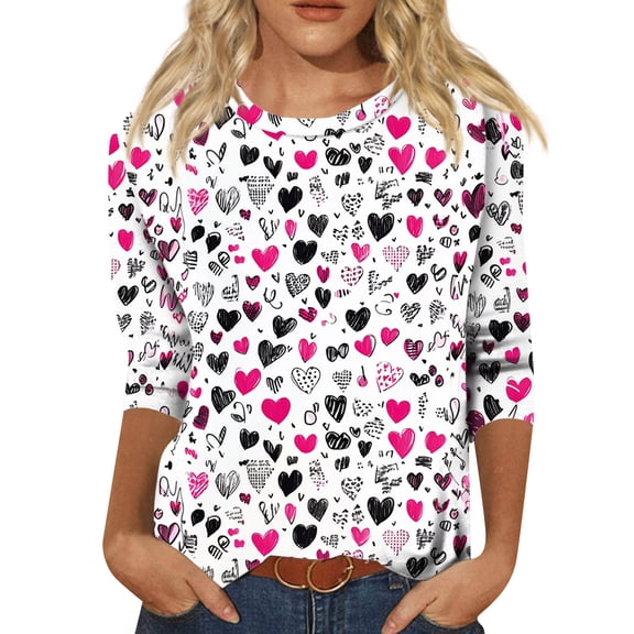 Garbnen Valentine's Day Tops for Women 3/4 Sleeve Tops for Women Love Heart Print Crew Neck Dressy Pullover Blouse Tee