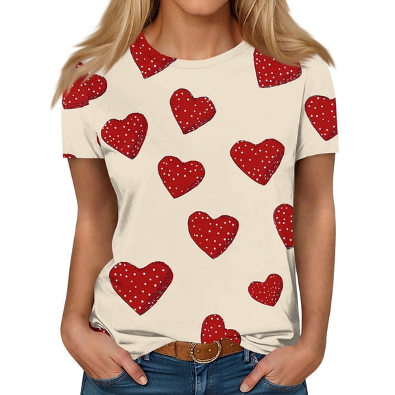 Garbnen Valentine's Day Tops for Women Short T Shirts for Women Heart Print Crew Neck Dressy Womens Tunic Blouses
