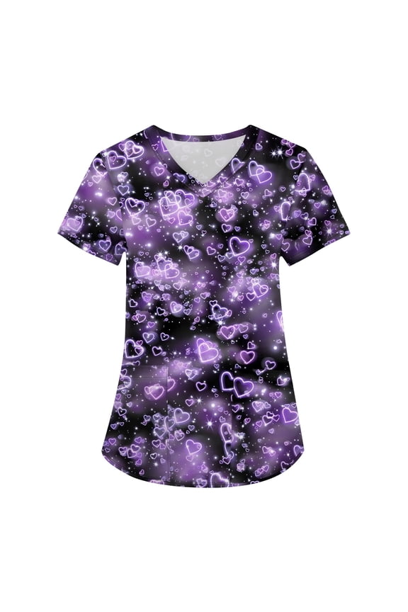 Valentines Day Scrub Top Cute Heart Print Short Sleeve V Neck Spring Workwear for Nurses Nurse Uniform with Pocket S-5XL
