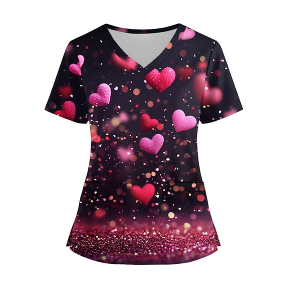 Garbnen Valentines Day Scrub Top Plus Size Love Heart Pattern V Neck Short Sleeve Stretch Nursing Scrubs with Pocket Medical Women Work Tops S-5XL