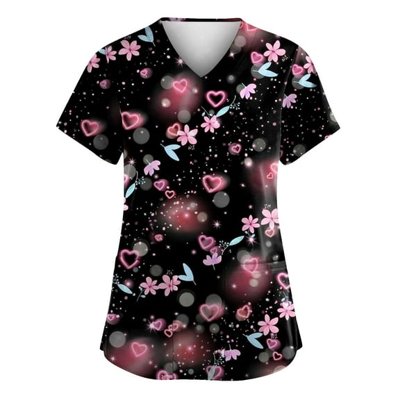 Garbnen Valentines Day Scrub Top Stretchy V Neck Short Sleeve Womens Top Spring Summer Cute Heart Print Nursing Uniforms with Pockets S-5XL