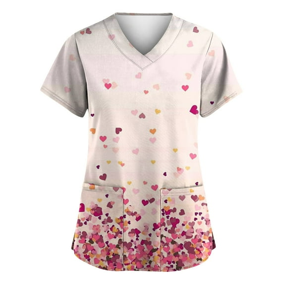 Garbnen Valentines Day Scrub Tops Love Heart Graphic V Neck Short Sleeve Scrubs for Women Spring Winter Womens Work Clothes S-5XL with Pocket