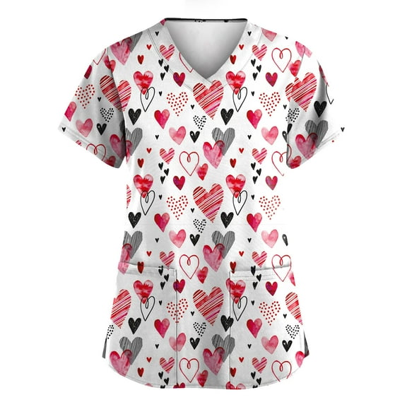 Garbnen Valentines Day Scrub Tops Women Love Print Nursing Uniforms Short Sleeve V Neck Womens Work Tops S-5XL with Pocket