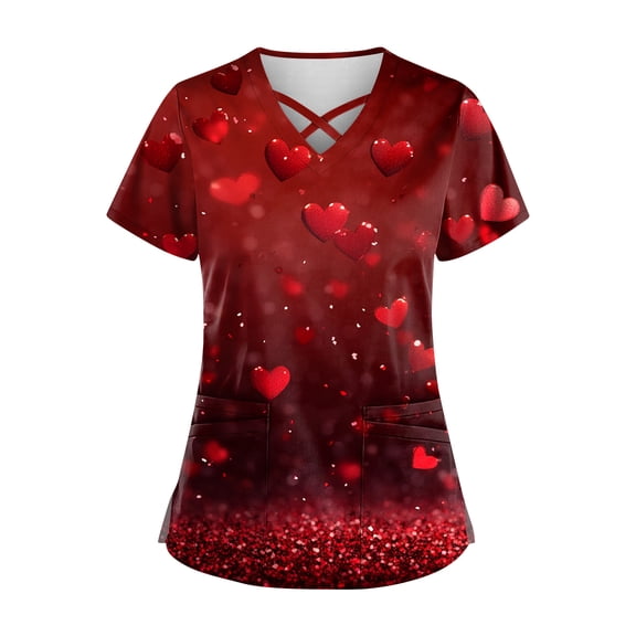 Garbnen Valentines Day Scrub Tops Women Plus Size V Neck Cute Heart Print Short Sleeve Stretch Nursing Uniform with Pocket Workwear Tops for Women S-5XL