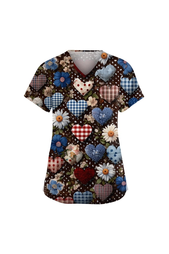Valentines Day Scrubs Plus Size Heart Print V Neck Short Sleeve Stretch Nursing Uniform with Pocket Medical Scrub Tops Women Design Cute S-5XL