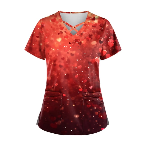 Garbnen Valentines Day Scrubs Plus Size V Neck Love Heart Print Short Sleeve Stretch Nursing Scrubs with Pocket Women Work Shirts S-5XL