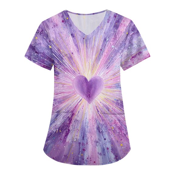 Garbnen Valentines Day Scrubs Short Sleeve V Neck Stretch Red Love Heart Pattern Scrubs for Women with Pocket Women Workwear Plus Size S-5XL