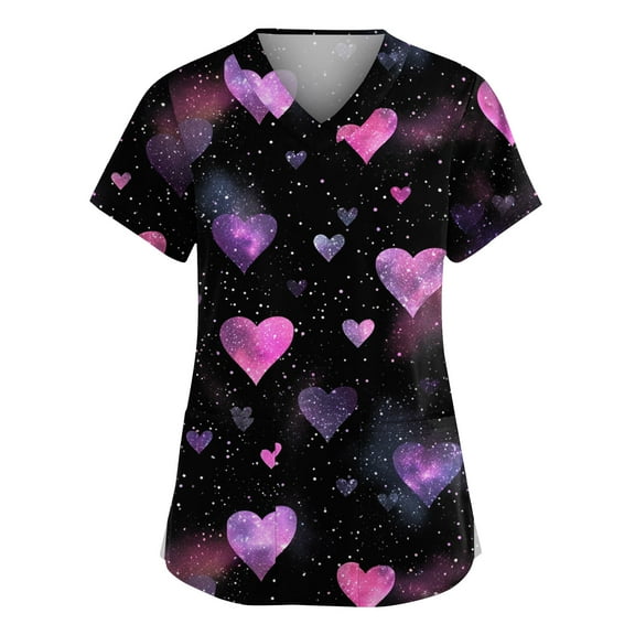 Garbnen Valentines Day Scrubs for Women Plus Size Heart Print V Neck Short Sleeve Stretch Nursing Scrubs with Pocket Medical Designed Scrub Tops Women S-5XL
