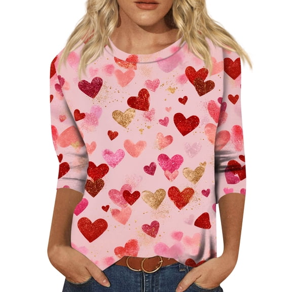 Garbnen Valentines Day Shirt Women 3/4 Sleeve Tops for Women Love Heart Graphic Crew Neck Dressy Pullover Blouse Tee