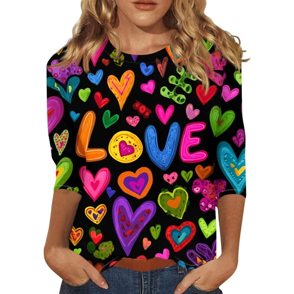 Garbnen Valentines Day Shirt for Women Heart Print O Neck Women 3/4 Sleeve Tops Spring Summer Holiday Blouses for Women S-5XL