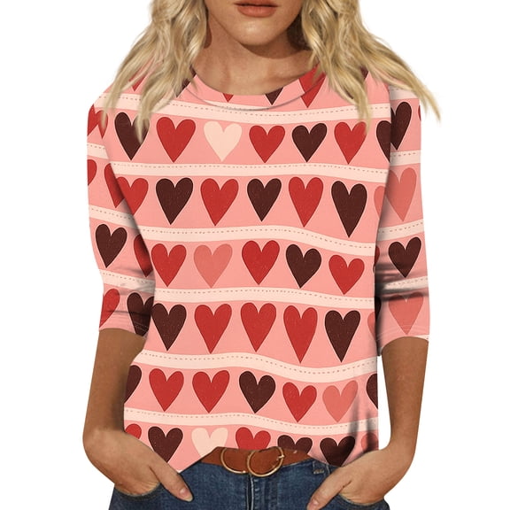 Garbnen Valentines Day Top Women 3/4 Sleeve Tops for Women Heart Print Crew Neck Dressy Pullover for Women