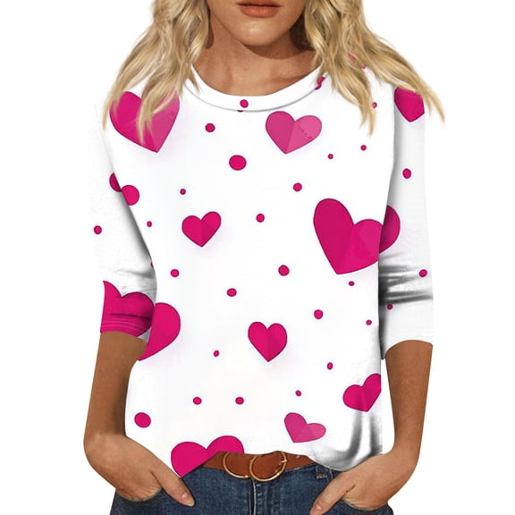 Garbnen Valentines Day Top for Women 3/4 Sleeve Shirts for Women Heart Graphic Crew Neck Dressy Pullover Blouse Tee