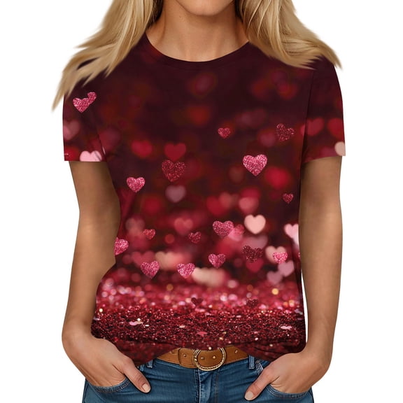 Garbnen Valentines Day Top for Women Short Tops for Women Trendy Love Heart Print Crew Neck Dressy Women's Tunic Tops