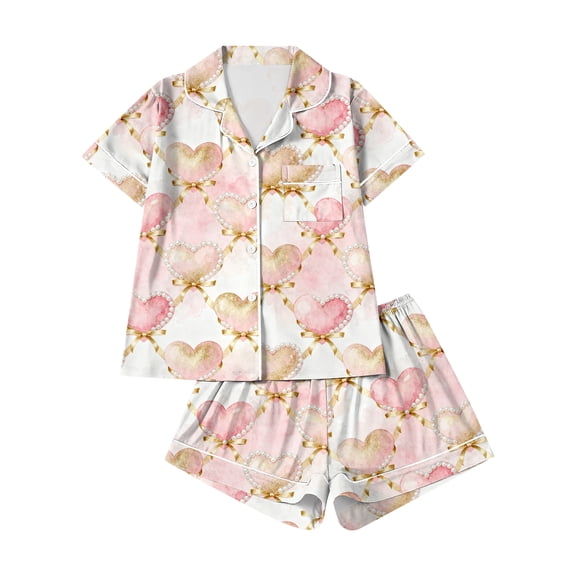 Garbnen Valentines Day Womens Pajamas Set Heart Printed Button Short Sleeve Top and Shorts Women Loungewear Set