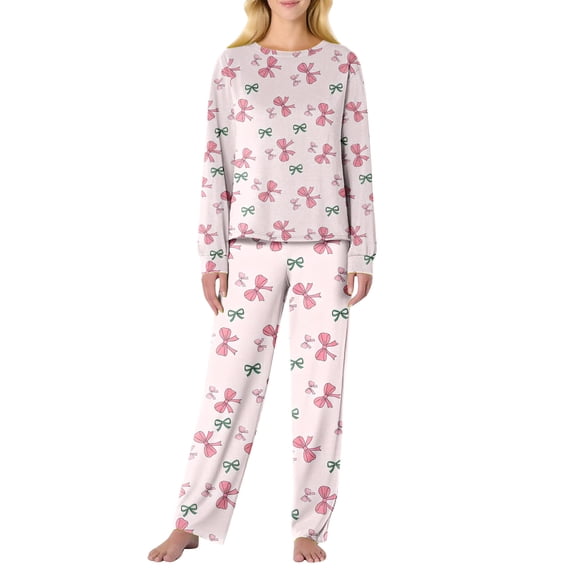 Garbnen Valentines Pajama Sets for Women Bow Print Crew Neck Long Sleeve Sleepwear Top and Pants Spring Summer Pjs Lounge Set