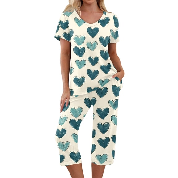 Garbnen Valentines Pajama Sets for Women V Neck Capri Pants with Short Sleeve Top Heart Graphic Print 2 Piece Lounge Sets with Pockets
