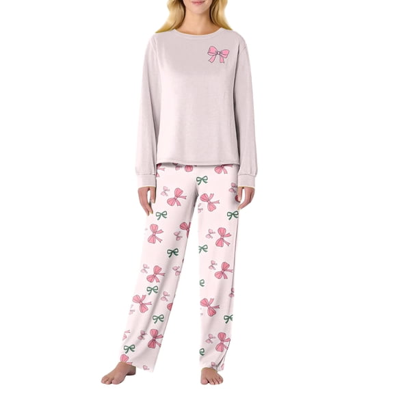 Garbnen Valentines Pajamas for Women Set Bow Print Crew Neck Long Sleeve Pullover Top Jogger Pants Spring Summer Loungewear Sleepwear
