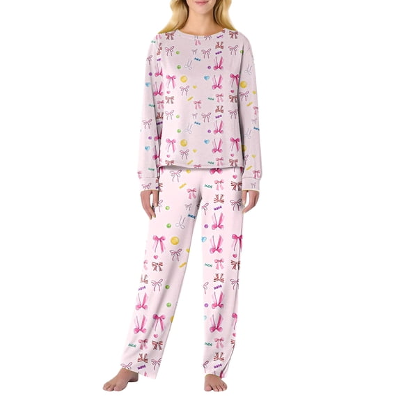 Garbnen Valentines Pajamas for Women Set Bow Print Crew Neck Long Sleeve Top and Pajama Pants Spring Summer Sleepwear Lounge Sets