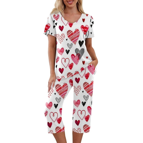Garbnen Valentines Pajamas for Women Set V Neck Capri Pants and Short Sleeve Top Love Print Pajamas for Women Set with Pockets
