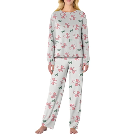 Garbnen Valentines Pj Sets for Woman Bow Print Crew Neck Long Sleeve Top with Jogger Pants Spring Summer 2 Piece Lounge Sets