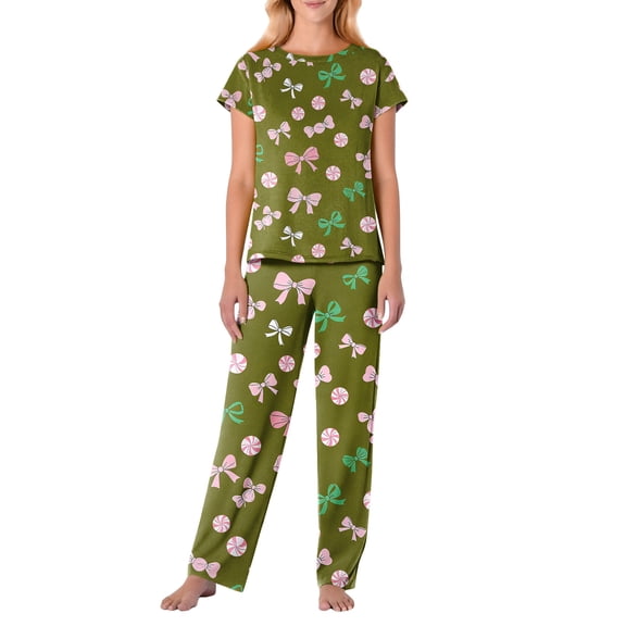 Garbnen Valentines Pj Sets for Woman Bow Print Short Sleeve Crew Neck Pullover Top Jogger Pants Spring Summer Pjs Lounge Set