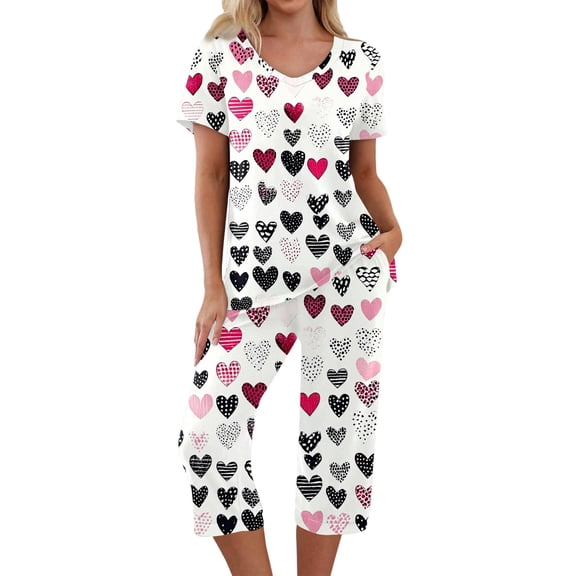 Garbnen Valentines Pj Sets for Woman V Neck Capri Pants with Short Sleeve Top Heart Print Pajamas Sleepwear with Pockets